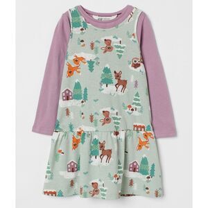 H&M Girls Holiday Winter Wonderland Jumper Dress & Lilac Shirt Outfit Size 6x